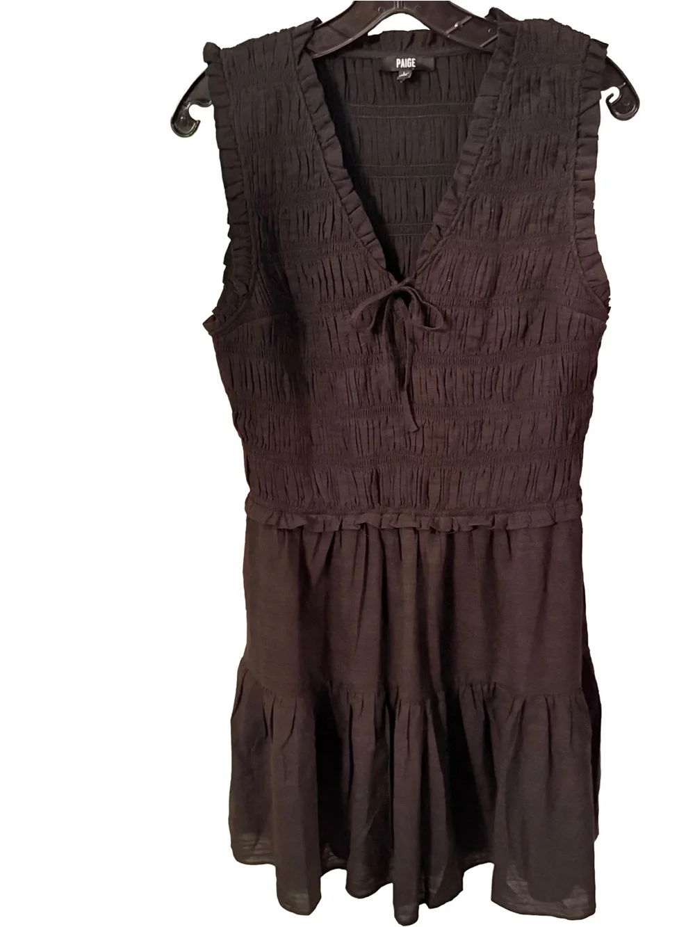 Paige Fraise Sleeveless Smocked Mini Dress Black Tie Front Lined Size L  NWOT